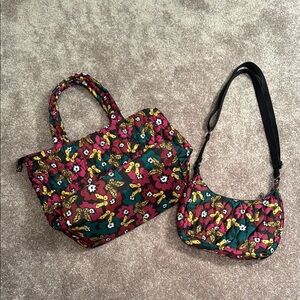 Floral Quilted Women's Bag Set - pink and Green